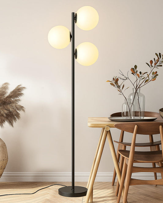 LED Floor Lamp with 3 Frosted Glass Globe Shades, Black Metal Finish, Modern Design