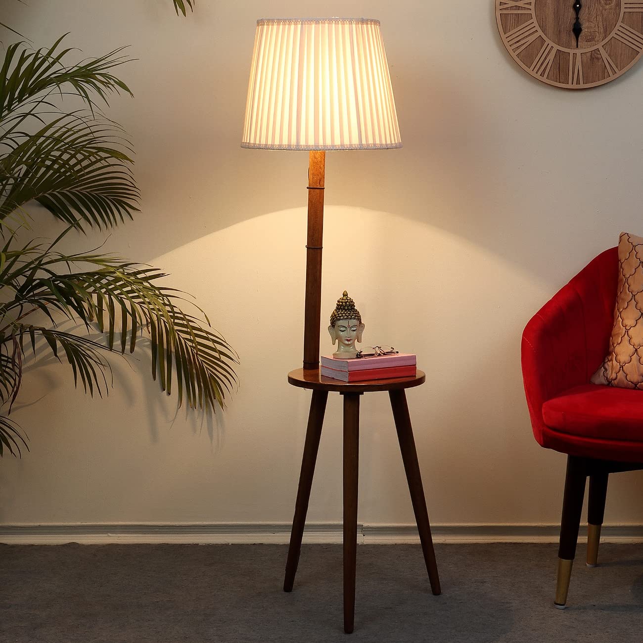Floor Lamp with Mango Wood Base & Off-White Poly Satin Shade - 132cm Height