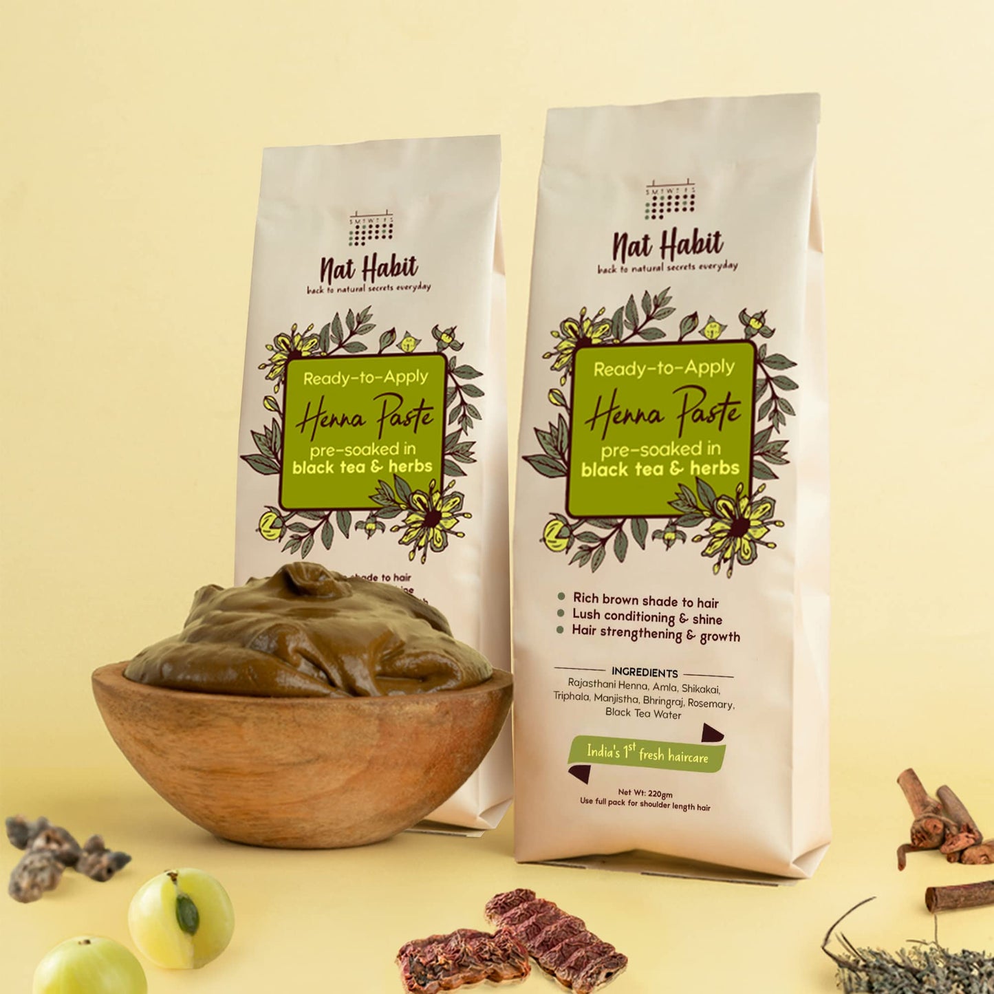 Fresh Henna Paste with Black Tea & Herbs, Rich Brown, 3x220g