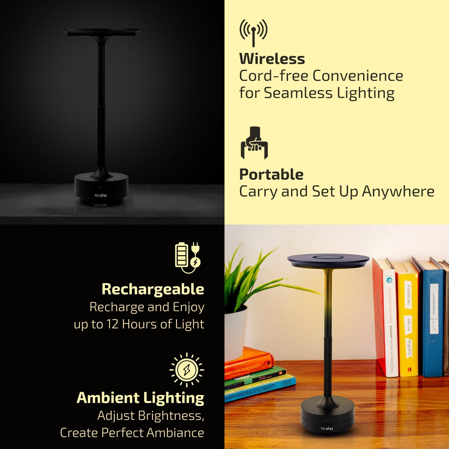 Wireless LED Table Lamp with Black Finish - 6500 mAh Battery - 14 Hours Usage