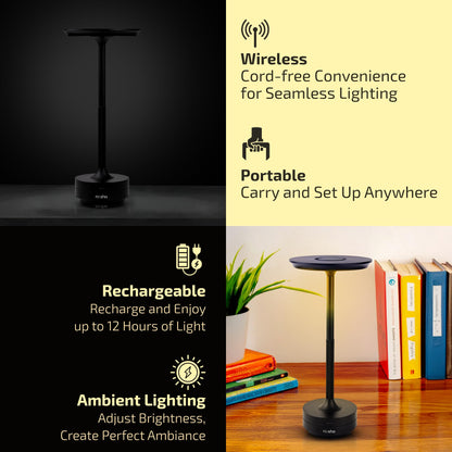 Wireless LED Table Lamp with Black Finish - 6500 mAh Battery - 14 Hours Usage
