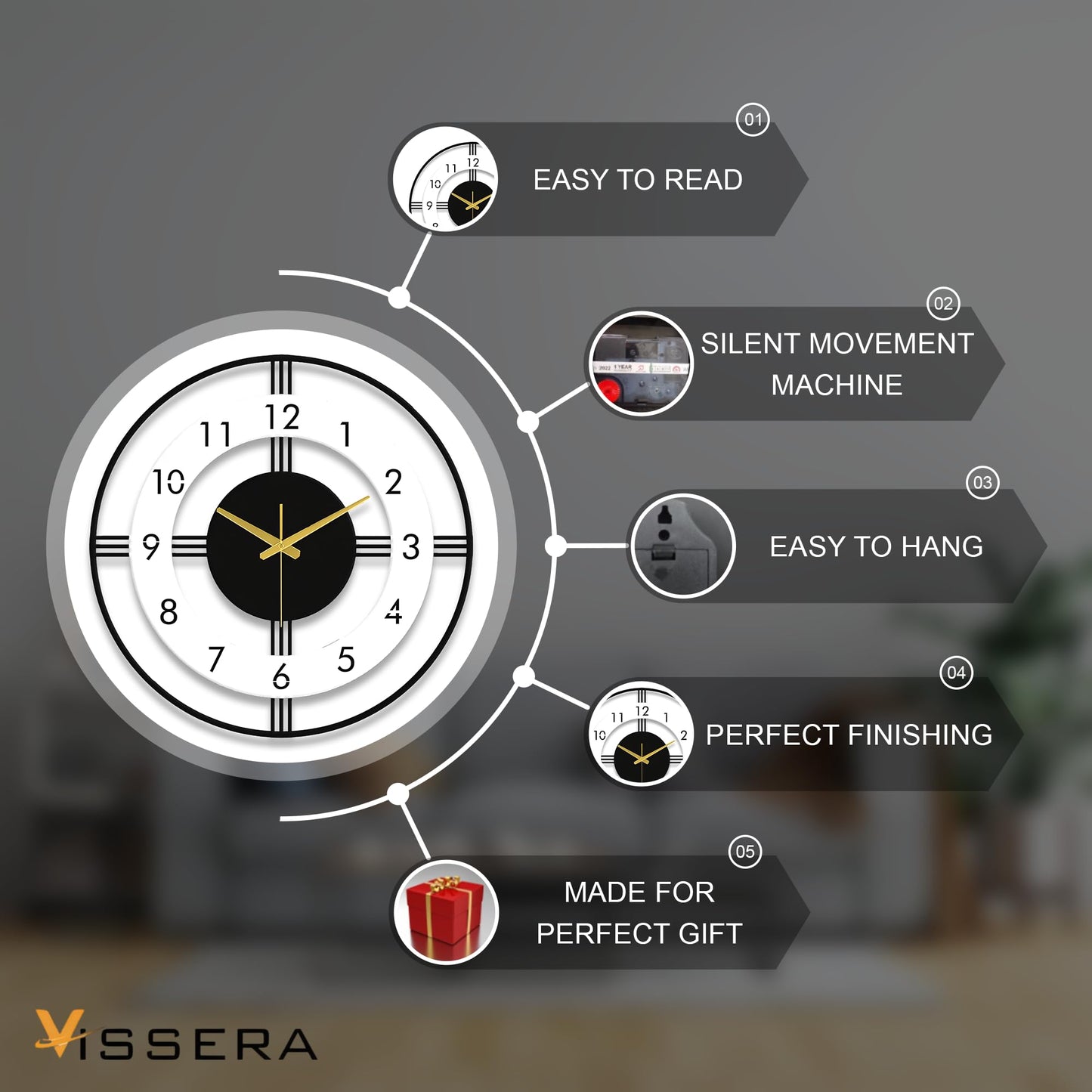 Large Silent Metal Wall Clock - Antique Design for Living Room - 60cm
