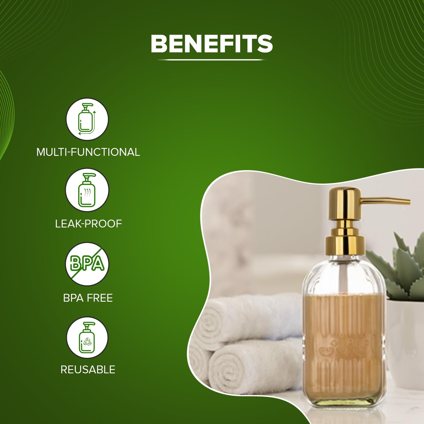 Glass Soap Dispenser with Textured Surface - 400 ml - Clear with Golden Pump