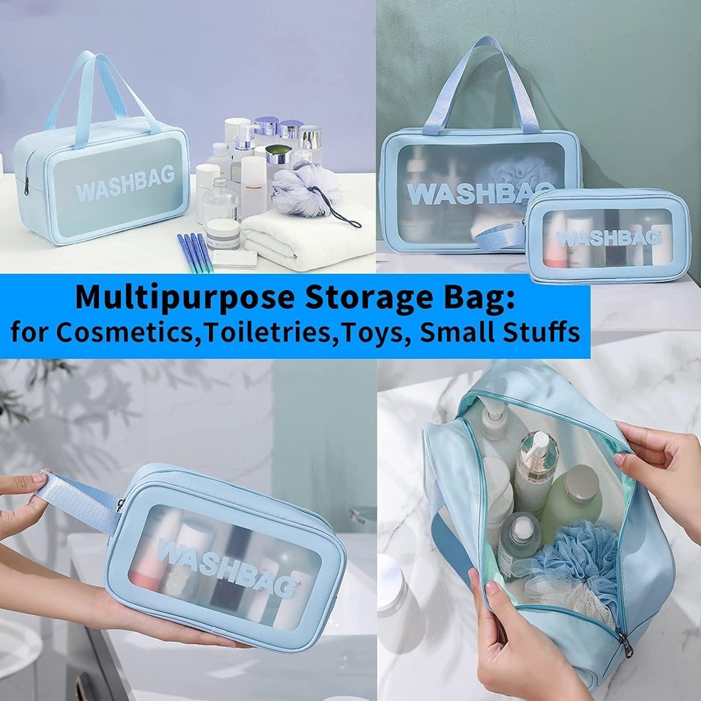 Sky Blue Translucent Waterproof Travel Wash Bag Set of 3
