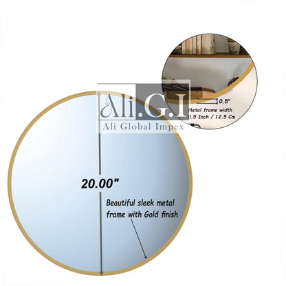 Round Wall Mirror with Gold Metal Frame - Modern Design - 20 Inch