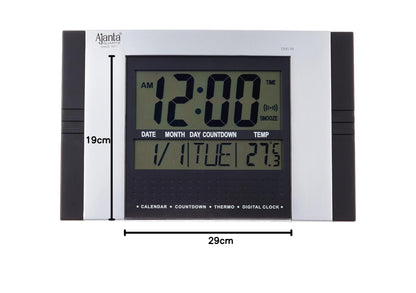 Digital Alarm Wall Clock with Quartz Movement, 29 cm x 19 cm, Black Plastic