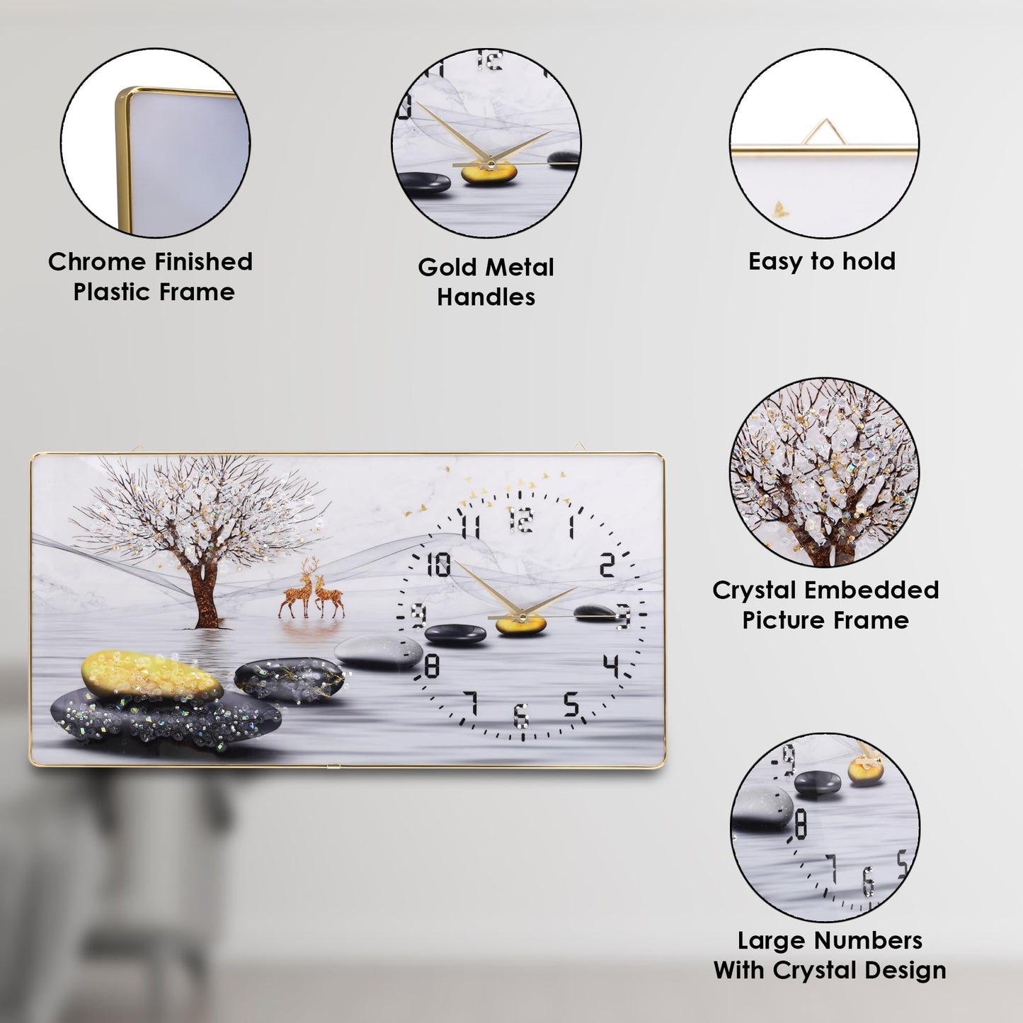 Silent Quartz Wall Clock with Crystal Frame 30x60cm - Modern Decorative Design