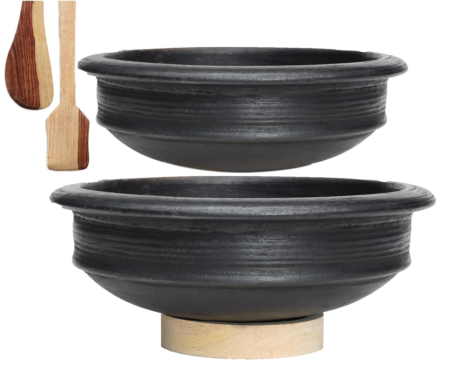 Craftsman India Online Deep Burned Uncoated Clay Pot for Cooking and serving Combo 1 & 2 Liter|Black