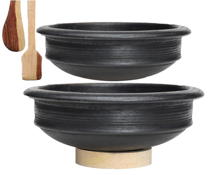 Craftsman India Online Deep Burned Uncoated Clay Pot for Cooking and serving Combo 1 & 2 Liter|Black