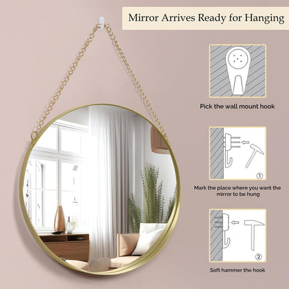 Round Wall Mirror with Gold Metal Frame - 30 x 45 cm - Modern Hanging Design