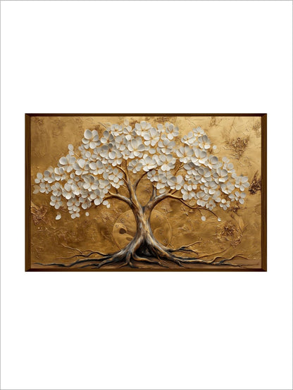 Wall Painting Golden Lucky Wish Tree Canvas Print with Brown Frame 24x36 inches (61x91 cm)