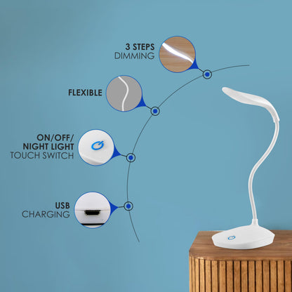 LED Table Lamp with 3 Brightness Levels, Rechargeable, White, Minimalist Design
