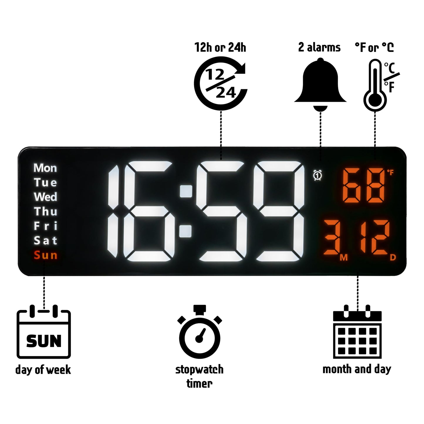 Digital Wall Clock with Timer and Temperature 40cm White & Orange
