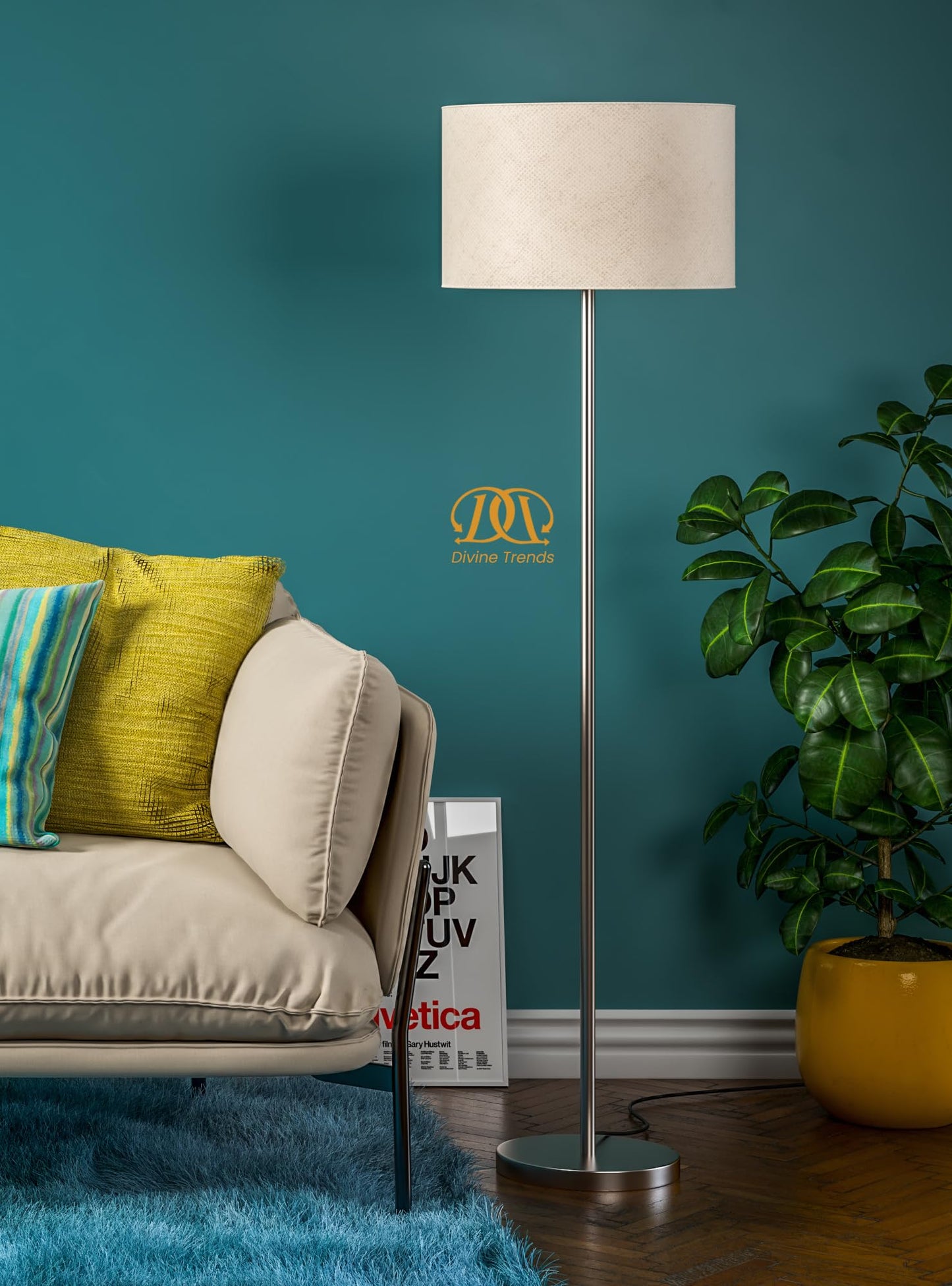 LED Floor Lamp Modern Design Stainless Steel Finish 5Ft Height Off White Lampshade 16 Inches