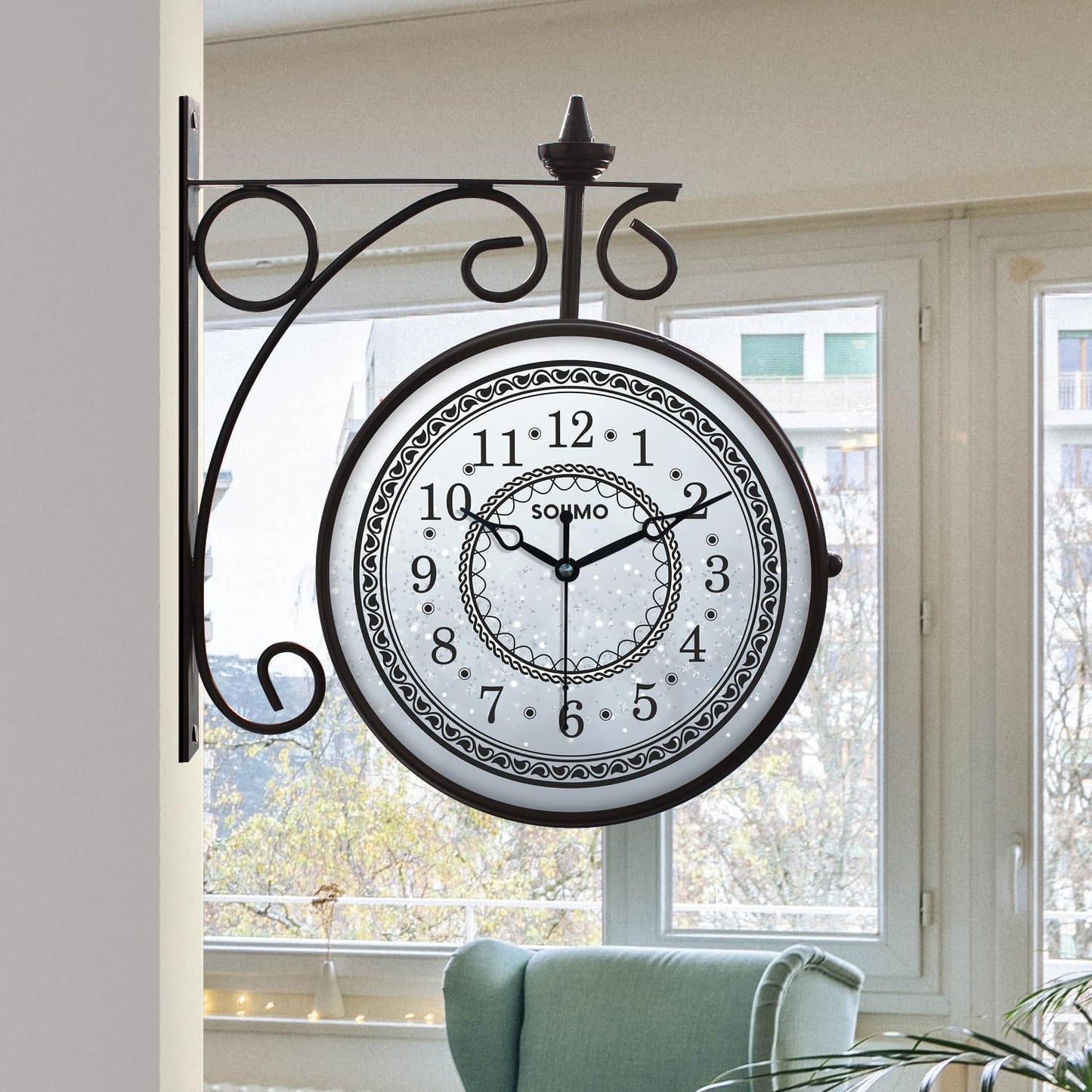 Double Sided Vintage Wall Clock, 8 Inch, Black Metal, Analog, Battery Powered