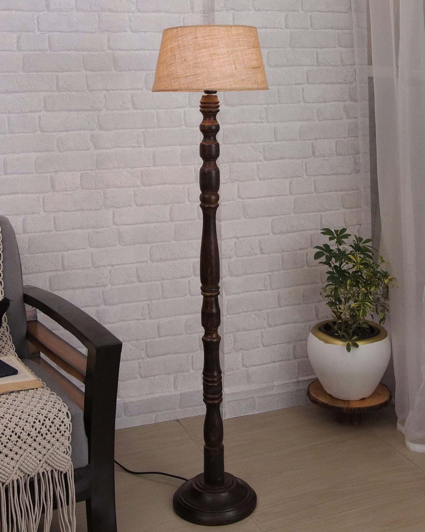Decorative Floor Lamp with Adjustable Height - Wooden, Black Finish - 33x33x145 cm