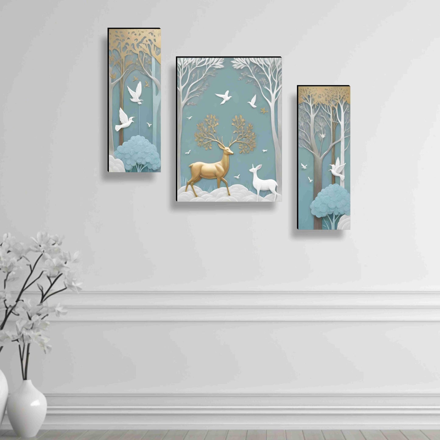 3D Modern Art Canvas Painting Set of 3 - Deer Design - 50.8 cm x 30.48 cm - Framed Wall Art for Home & Office