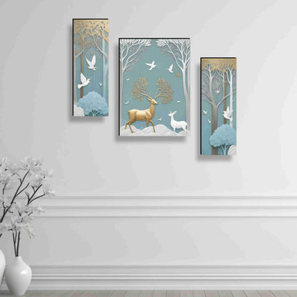 3D Modern Art Canvas Painting Set of 3 - Deer Design - 50.8 cm x 30.48 cm - Framed Wall Art for Home & Office