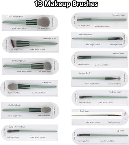 13-Piece Green Makeup Brush Set with Travel Bag for Beginners