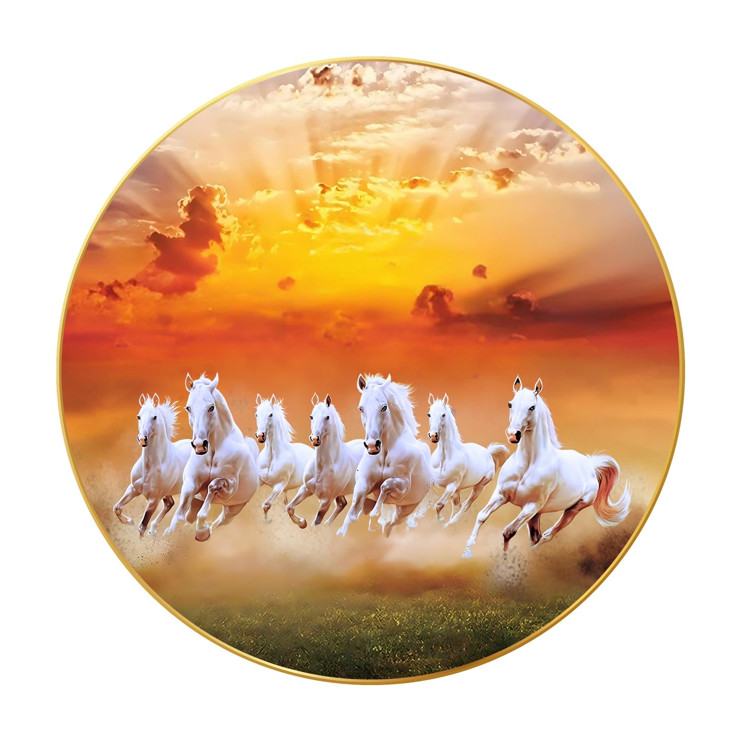 Wall Painting - 7 Horses Vastu Art - Sparkle Laminated - Golden Frame - 40 cm x 40 cm