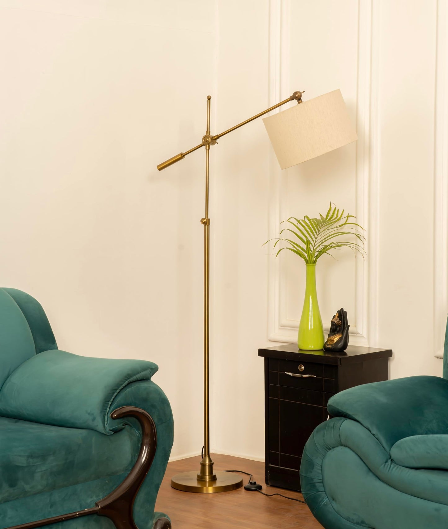 LED Floor Lamp with Adjustable Height and Rotatable Arm, Antique Brass Finish