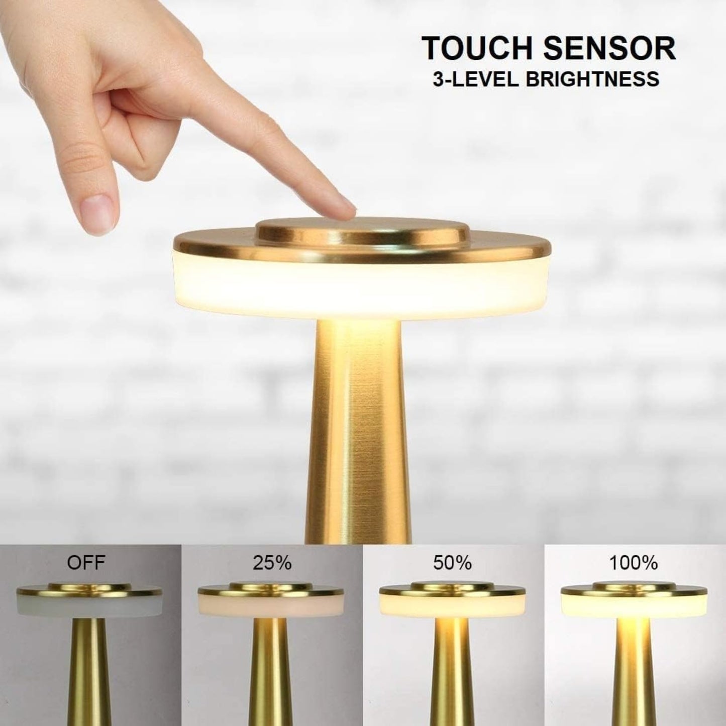 LED Table Lamp with Touch Sensor Gold Finish Rechargeable 3-Levels Brightness 30cm