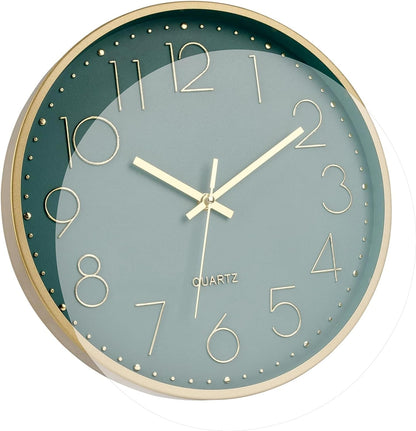 Wall Clock 12 Inch Silent Quartz Green Gold Plastic Decorative