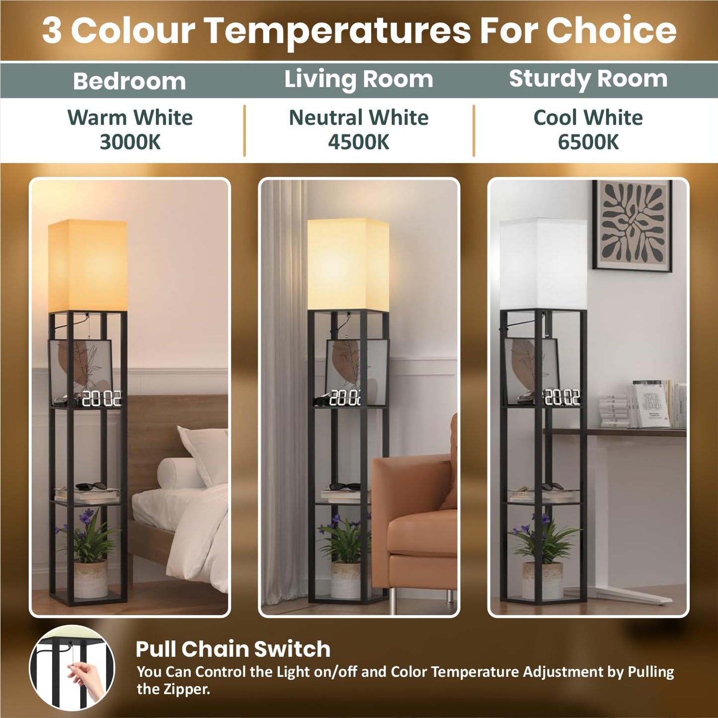 4-Tier Floor Lamp with Adjustable LED Lighting, Metal & Wooden Shelves, 173 cm Tall, Black