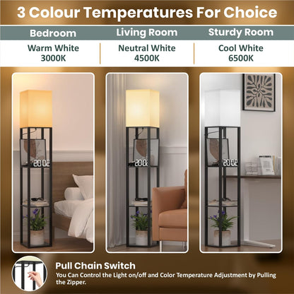 4-Tier Floor Lamp with Wooden Shelves and Adjustable LED Lighting - Black - 173 cm