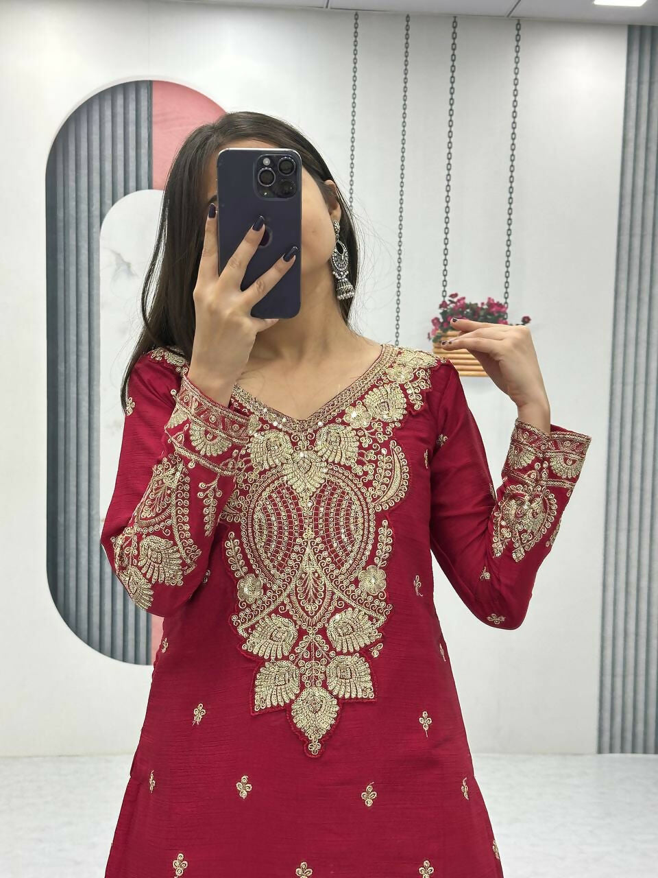Teeya Creation Womens New Wedding Wear Heavy Embroidery Thread Work Maroon Kurta Set