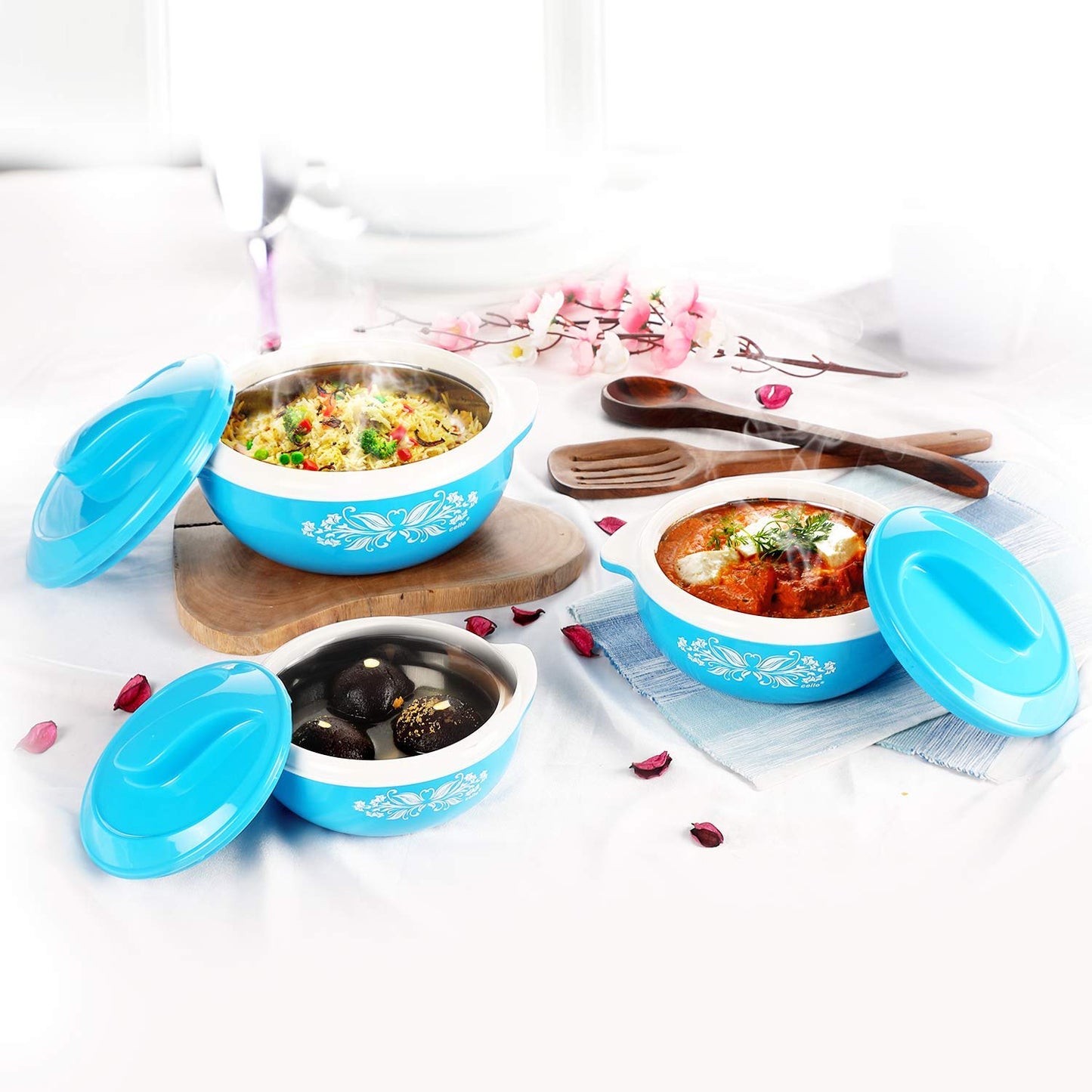 CELLO Hot Serve Insulated Inner Steel Casserole Set of 3, Blue (500ml, 850ml, 1500ml) | Hot Box for Kitchen | Hot Pot