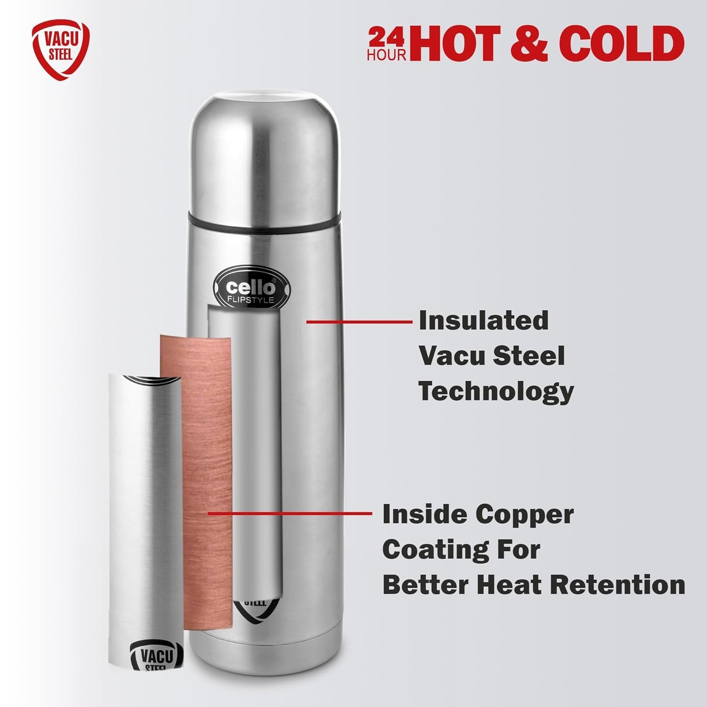 CELLO Flipstyle Insulated Stainless Steel Flask Water Bottle with Jacket For Daily Use 1000 ml