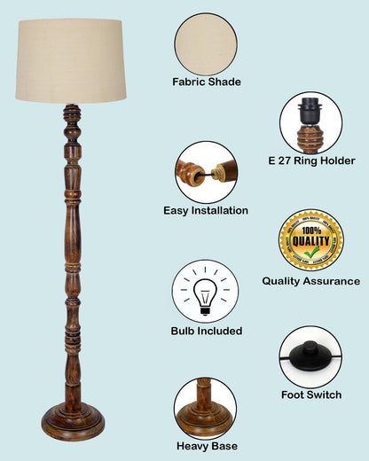 Rustic Floor Lamp with Multicolor Fabric Shade - Walnut Brown - 142x30x28 cm
