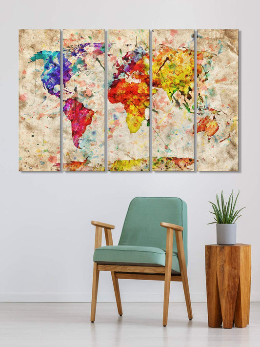 Abstract Multi Color World Map Canvas Painting Set of 5 Frames - Engineered Wood - 130 x 76 cm