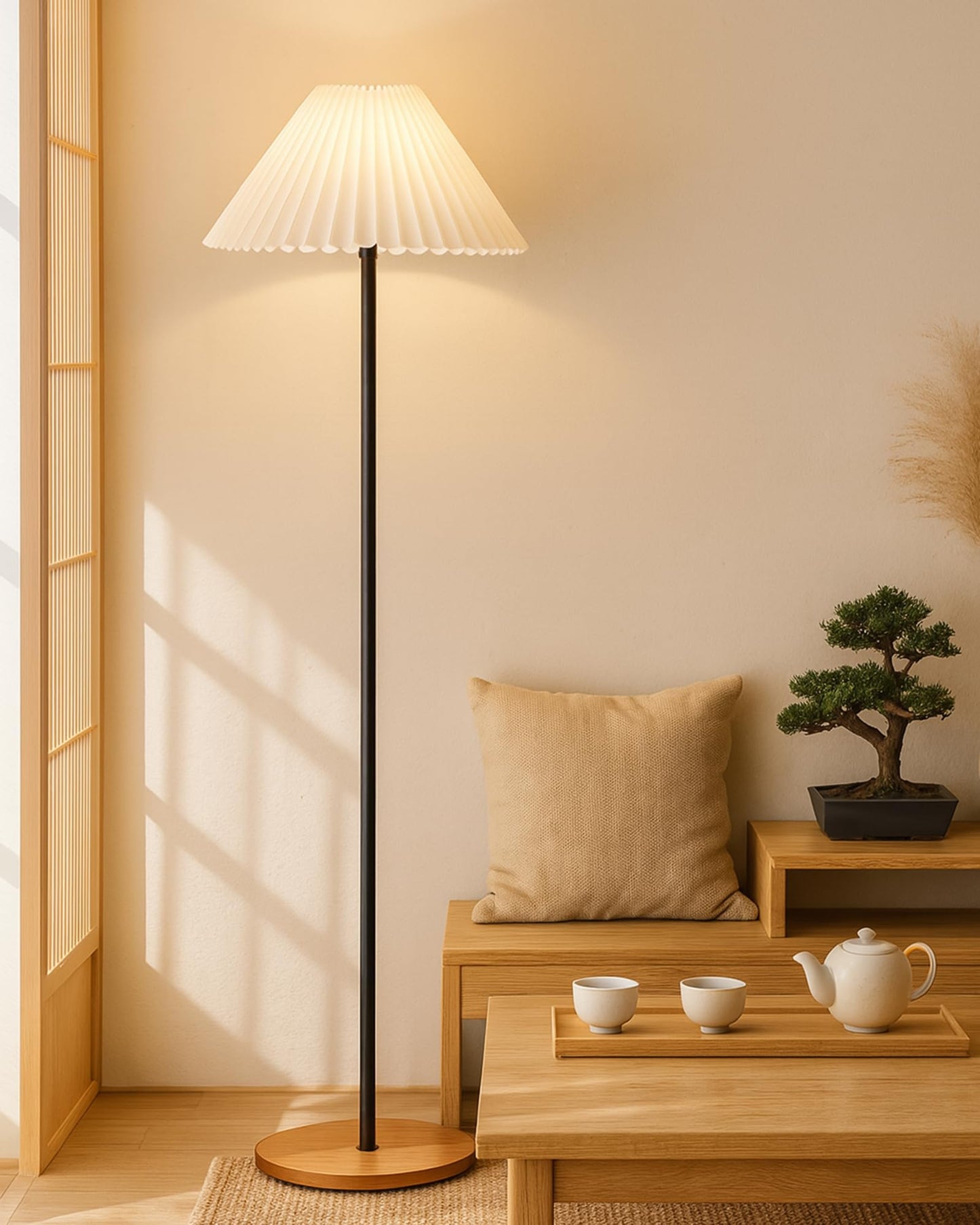 Modern Floor Lamp with Pleated Fabric Shade, Black Mild Steel & Wood Base, 127 cm Tall