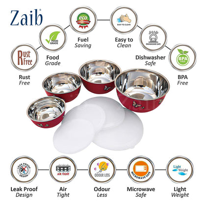 Zaib Microwave Safe Stainless Steel Food Storage Container with Lid|500ml, 800ml, 1250ml, 2000 ml | Reheatable (4 Red Butterfly)