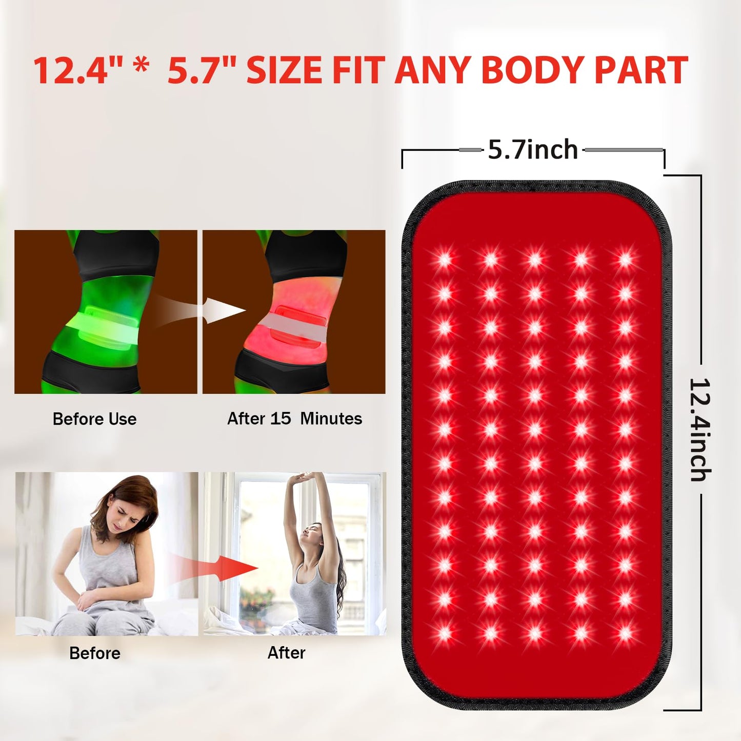 Red Light Therapy Belt with Timer, 60 LEDs, 660nm & 850nm, Wearable Wrap for Back, Waist, Neck, 5.7x12.4 inches