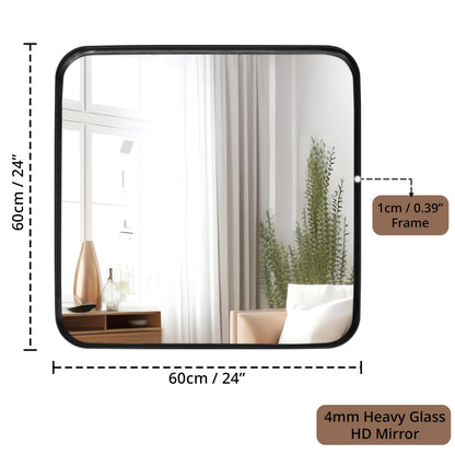 Square Wall Mirror with Classic Matt Black Aluminum Frame - 60x60cm Shatterproof HD Glass