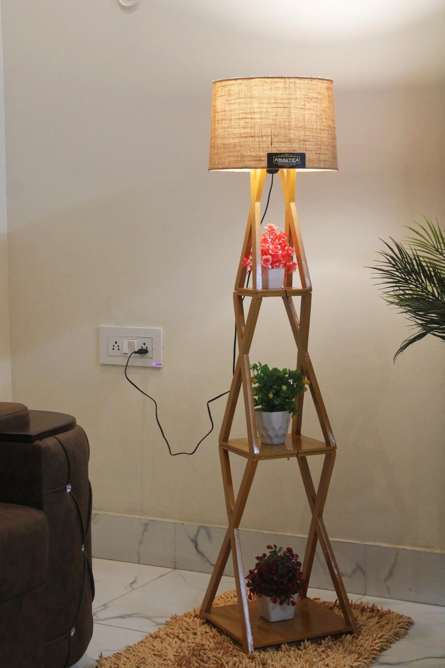 Floor Lamp with Jute Drum Shade 11 x 12 Inch - Wooden Finish - Easy Installation