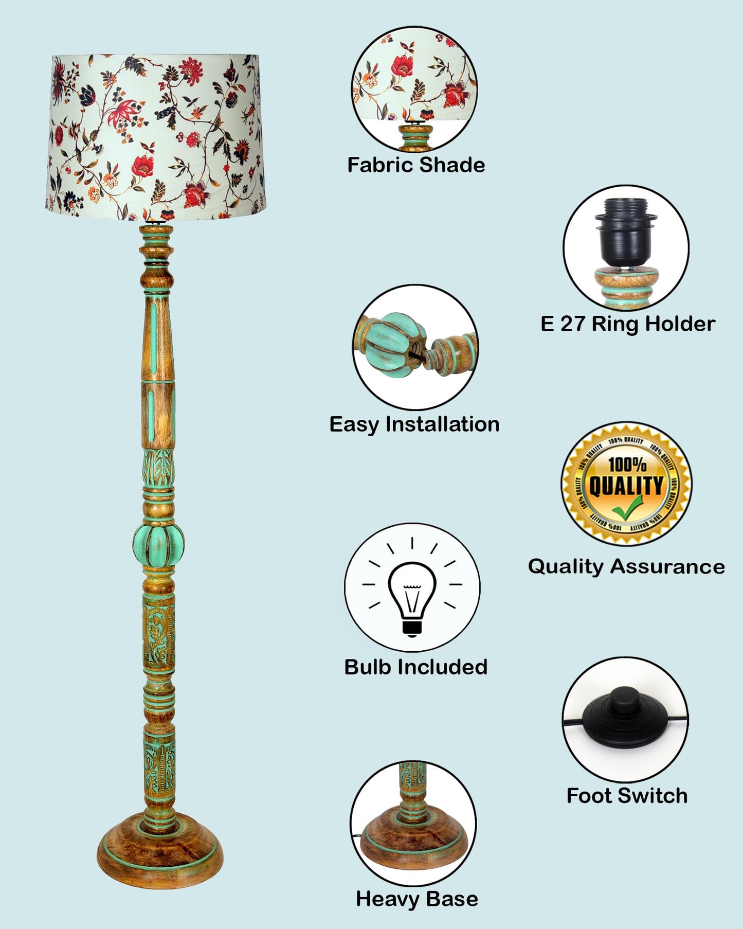 Wooden LED Floor Lamp with Spiral-Carved Design and Linen Shade - 142x30x27cm - Multicolor