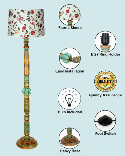 Wooden LED Floor Lamp with Spiral-Carved Design and Linen Shade - 142x30x27cm - Multicolor