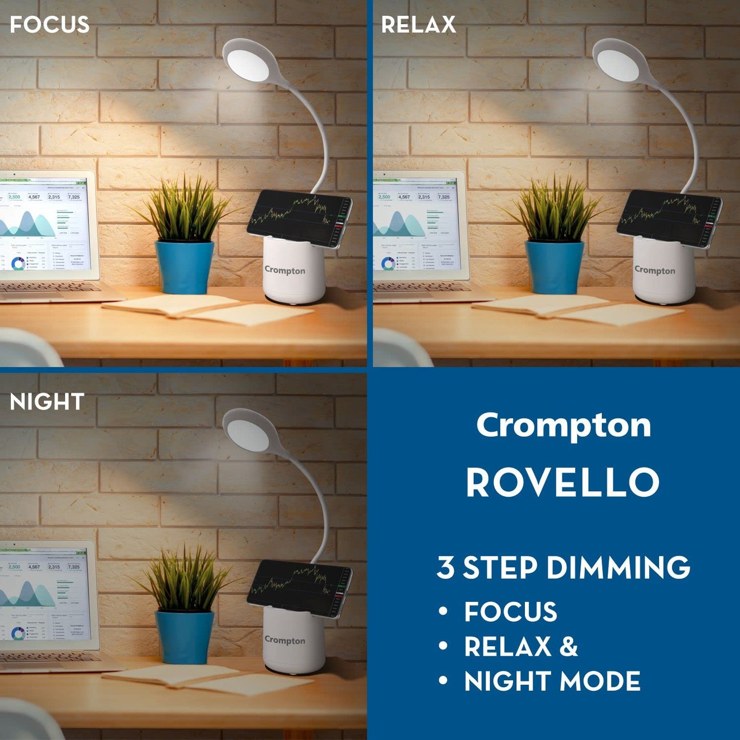 LED Table Lamp with 360° Rotating Design and 3 Dimmable Brightness Levels - Rechargeable 2200mAh Battery