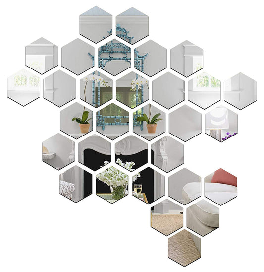 Hexagon Mirror Wall Stickers with Butterflies - Silver - Acrylic - Each Hexagon Size 10.5 cm x 12 cm