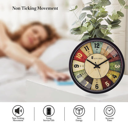 Wall Clock with Silent Movement, 12 Inch Diameter, Black Plastic Frame with Glass Face
