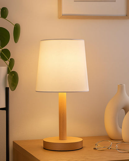 Table Lamp Minimalist Design Pinewood White Fabric Linen Shade 15x15x34 cm