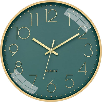 Wall Clock 12 Inch Silent Quartz Green Gold Plastic Decorative