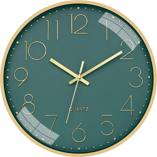 Wall Clock 12 Inch Silent Quartz Green Gold Plastic Decorative