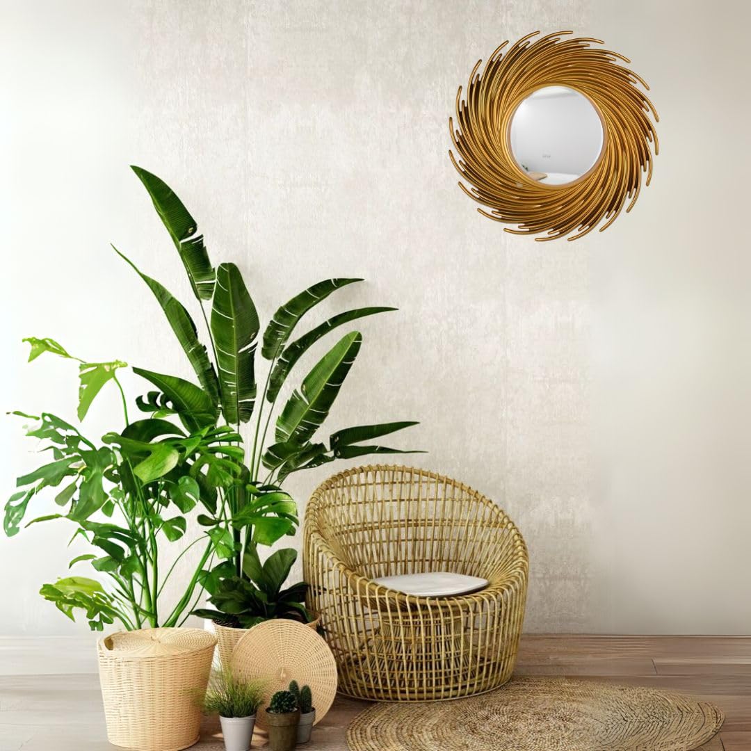 Round Spiral Shape Wall Mirror with Golden Acrylic Frame - 22 cm x 22 cm