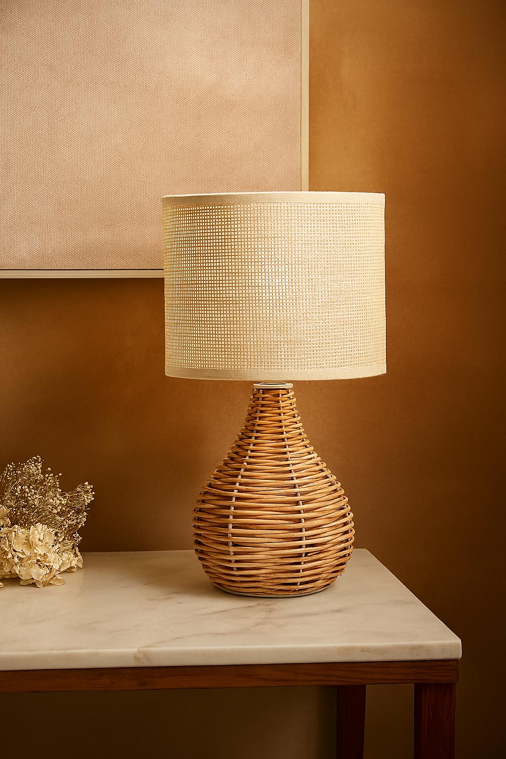 Table Lamp Eco-Friendly Rattan and Linen 31CM for Bedroom and Living Room