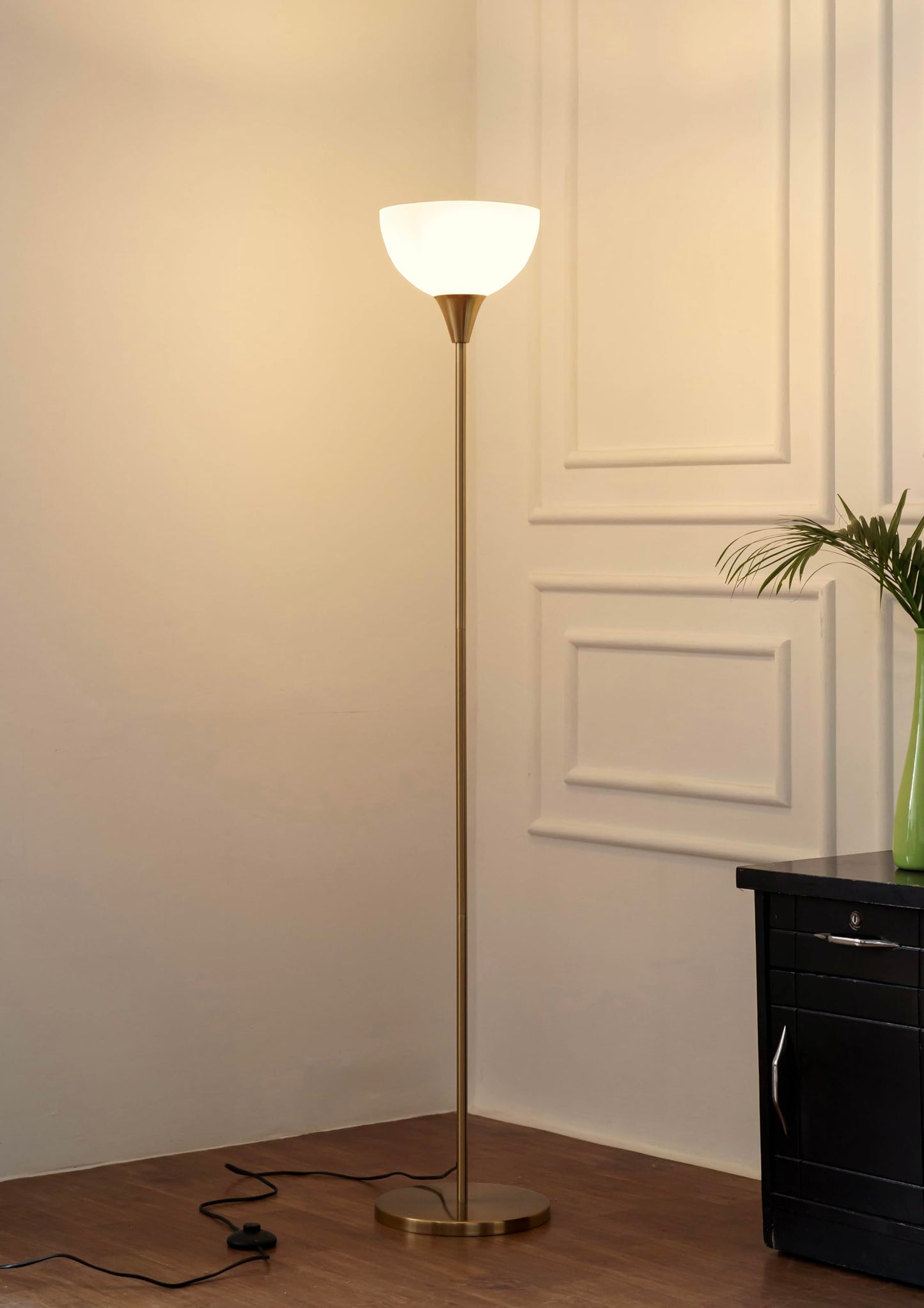 Uplighter Floor Lamp with Frosted Glass Shade and Hidden Wiring - Antique Brass Finish - Modern Design for Living Room
